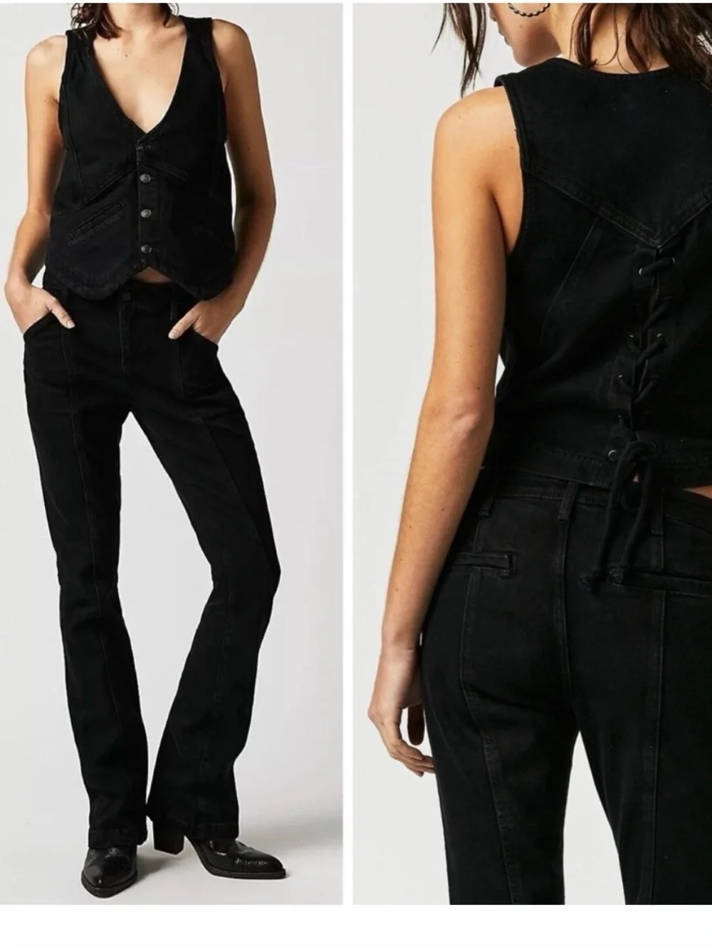 Free People Black Denim Lace-Up Vest and Jeans